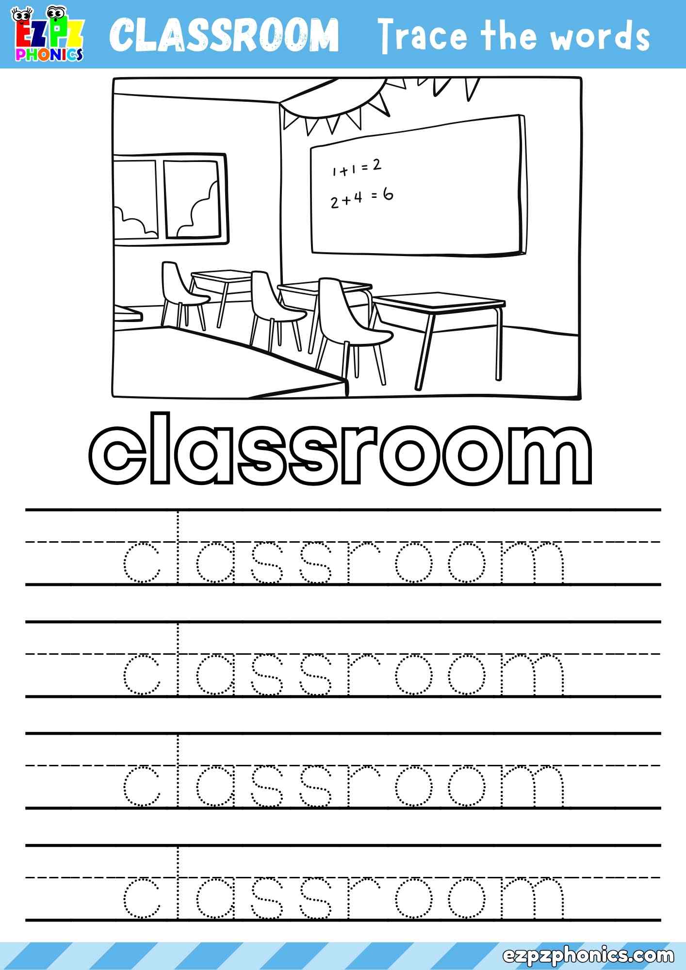 Classroom - Classroom Objects Vocabulary Word Tracing Activity - Color the Classroom and Trace the Word Classroom (Free PDF Download)